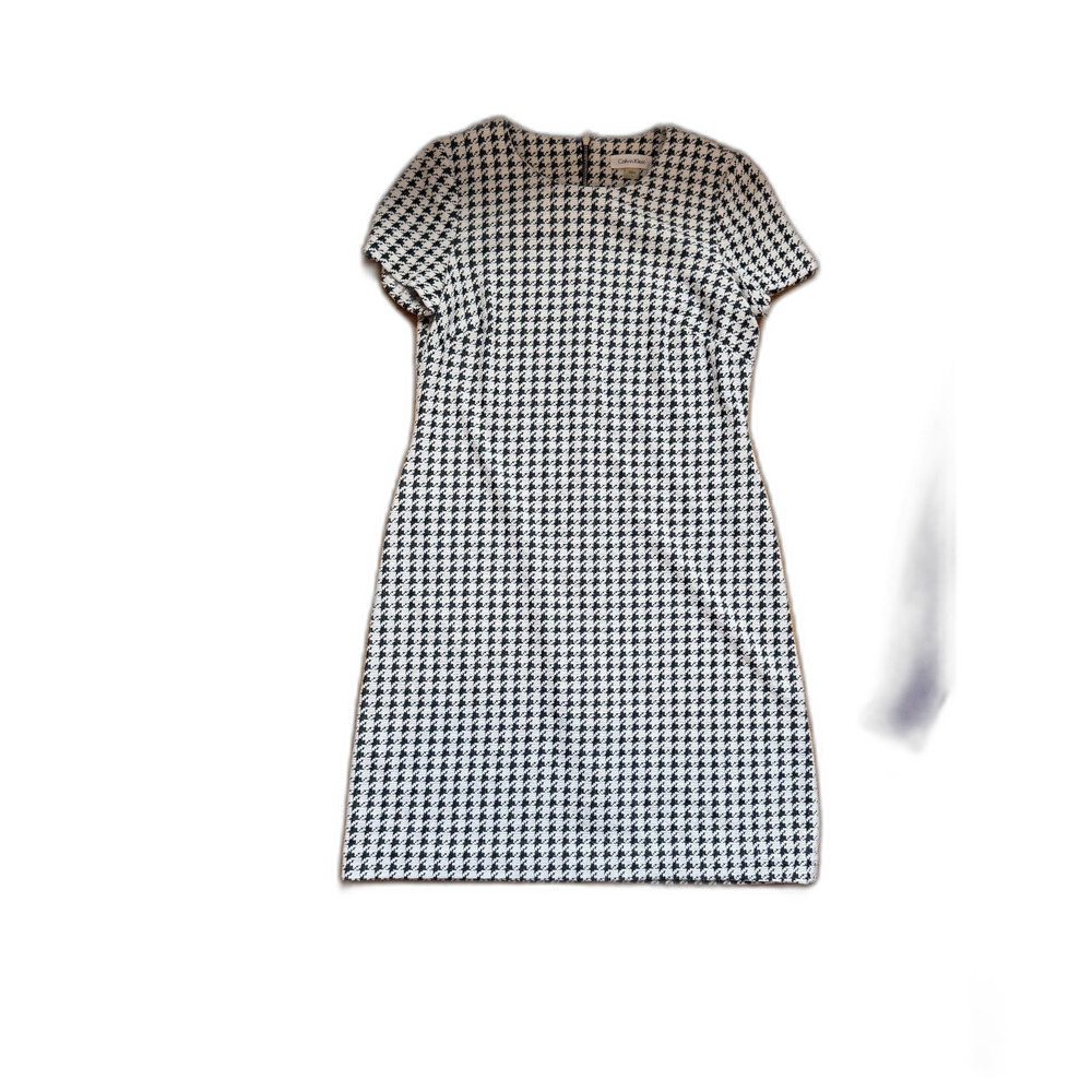 Calvin Klein Size 8 Black White Houndstooth Sheath Dress Short Sleeve
